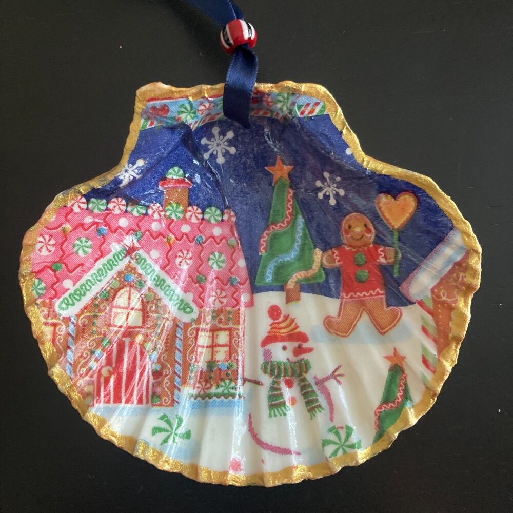 Handmade Gingerbread Christmas Ornament - Decoupaged Scallop Shell